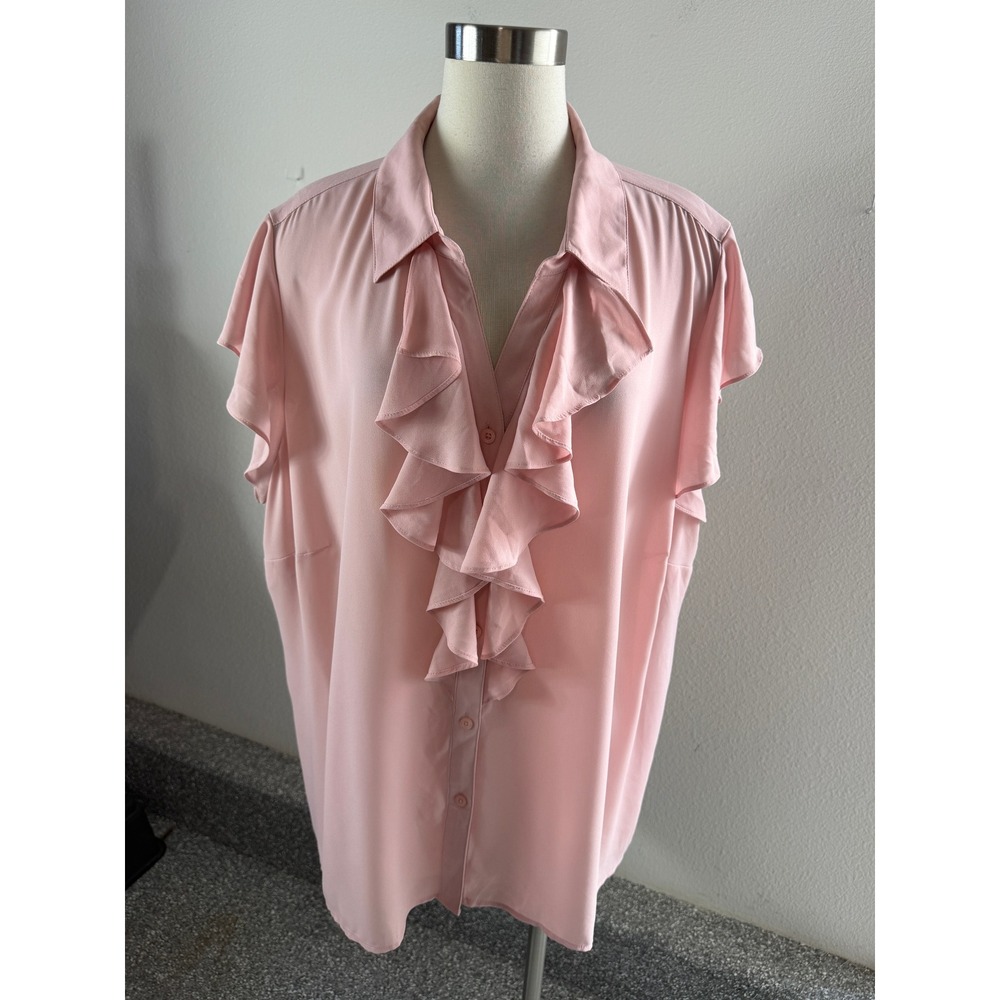 Calvin Klein Womens Plus 3X Pink Ruffle V Neck Button Up Flutter Sleeve Blouse